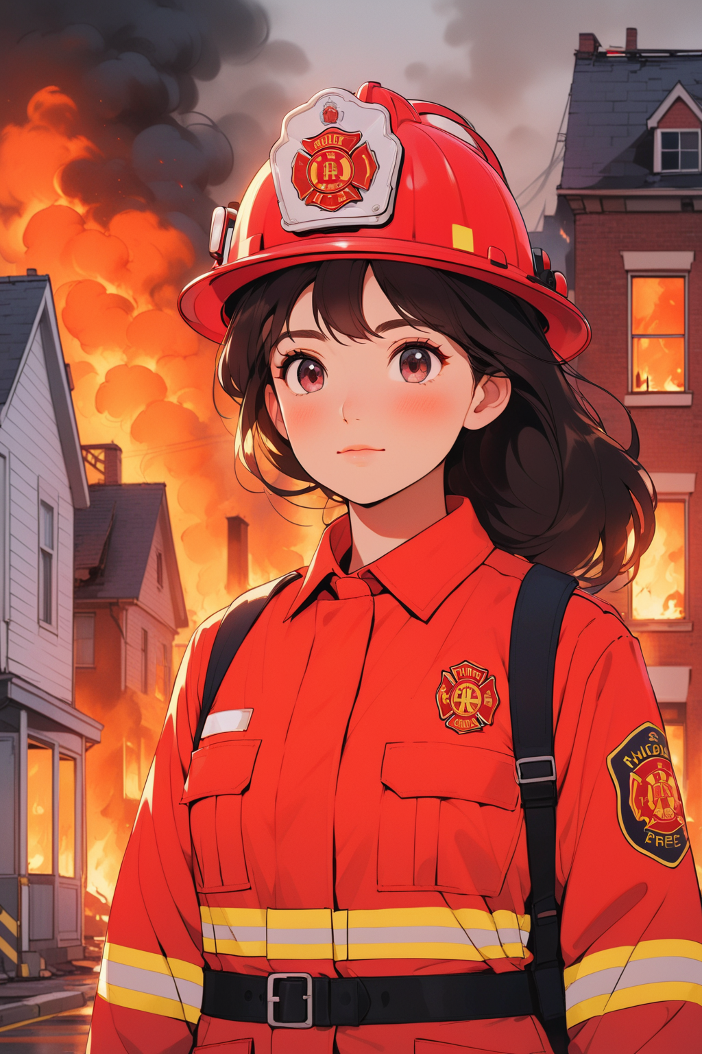 28079-3027000482-_lora_NHmix_0.8_,mh,1 girl wearing a red fire department uniform with a fire engine and a burning building in the background.png